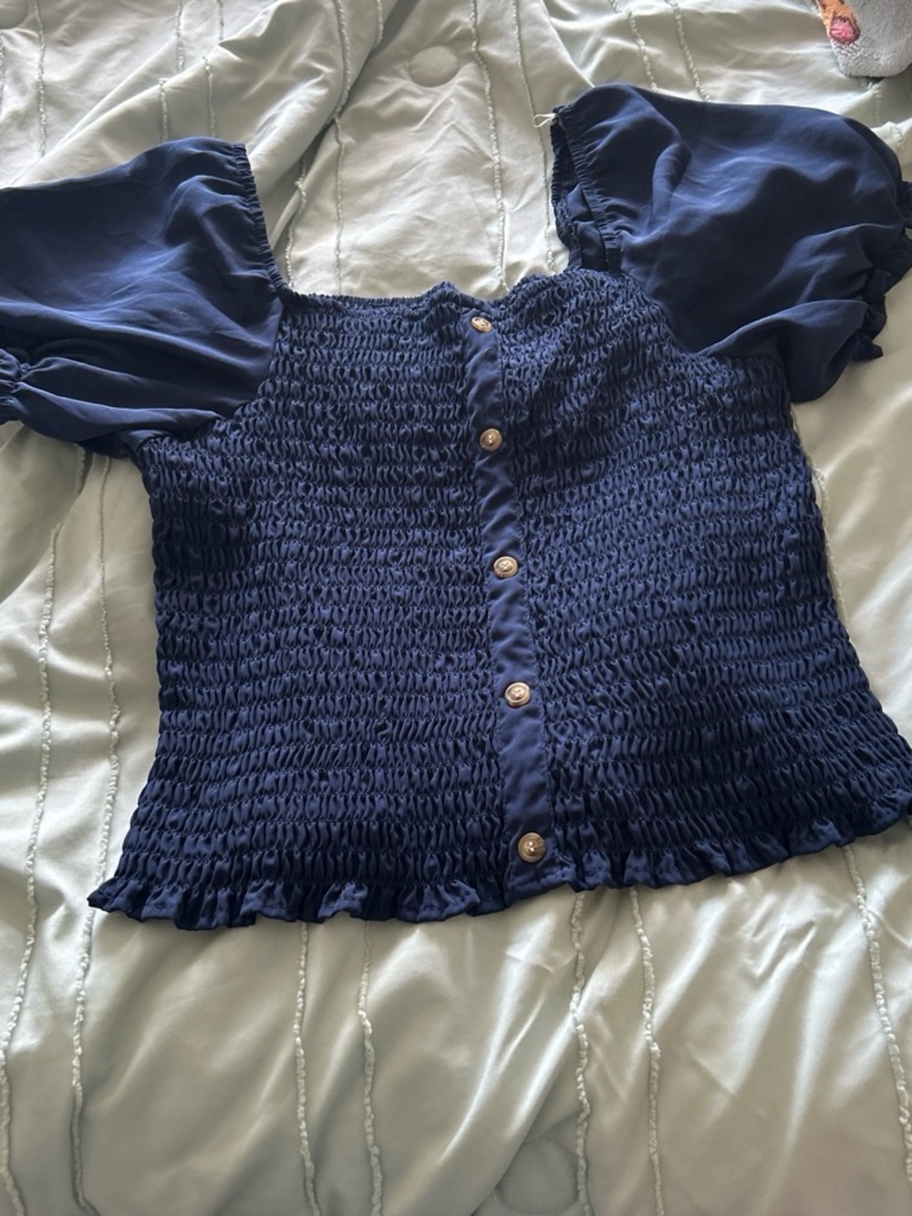 No Boundaries Navy Smocked Puff Sleeve Button Top